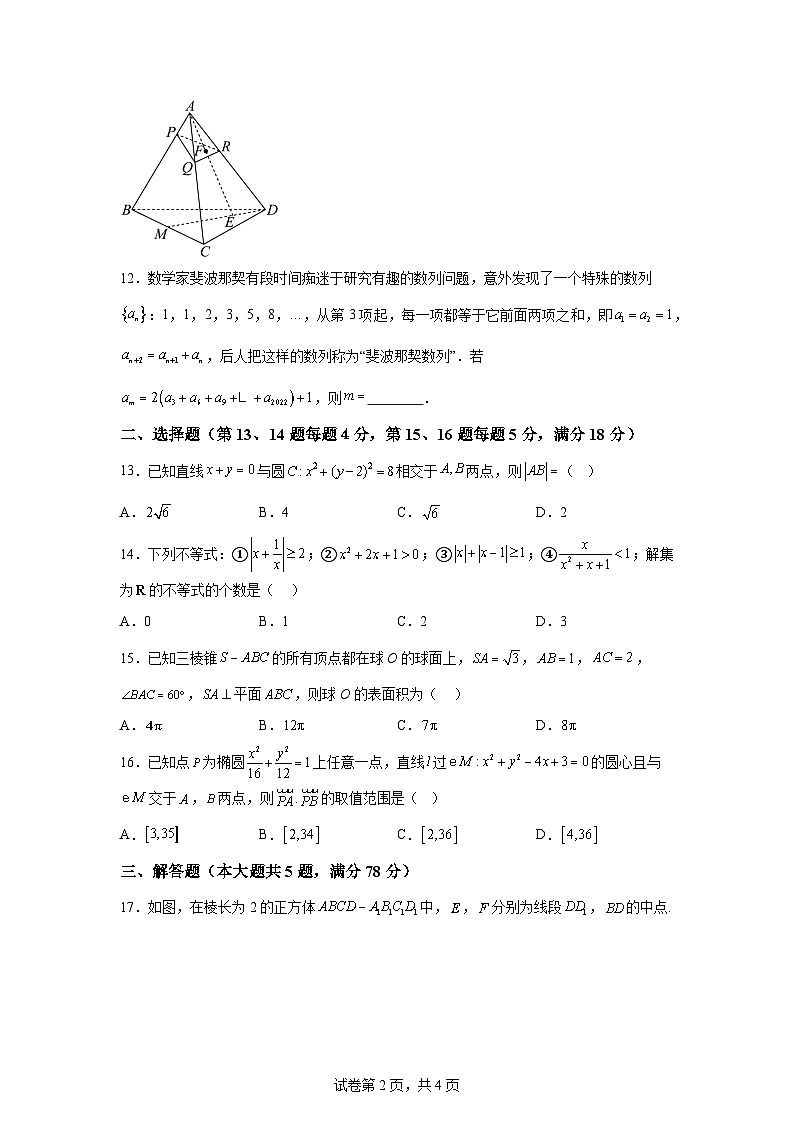 2025上海嘉定区第一中学高二上学期期末试卷数学第2页