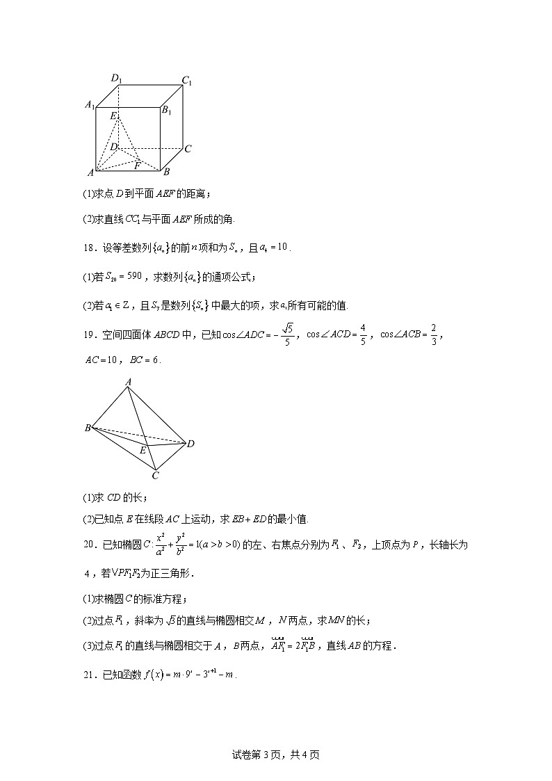 2025上海嘉定区第一中学高二上学期期末试卷数学第3页