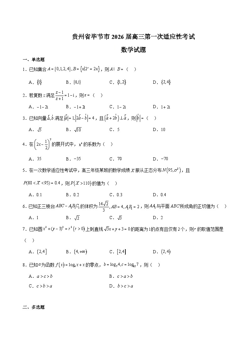贵州省毕节市2026届高三上学期第一次适应性考试 数学试卷(含答案）第1页