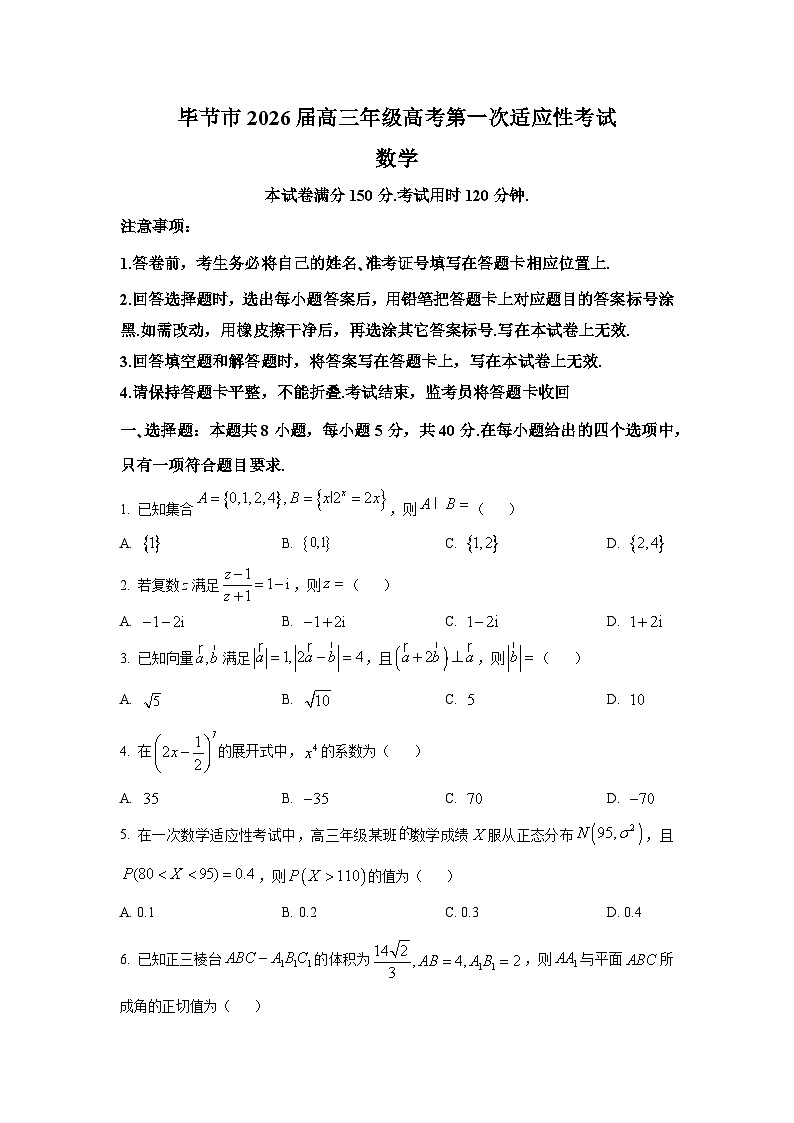 贵州省毕节市2026届高三第一次适应性考试数学试题第1页