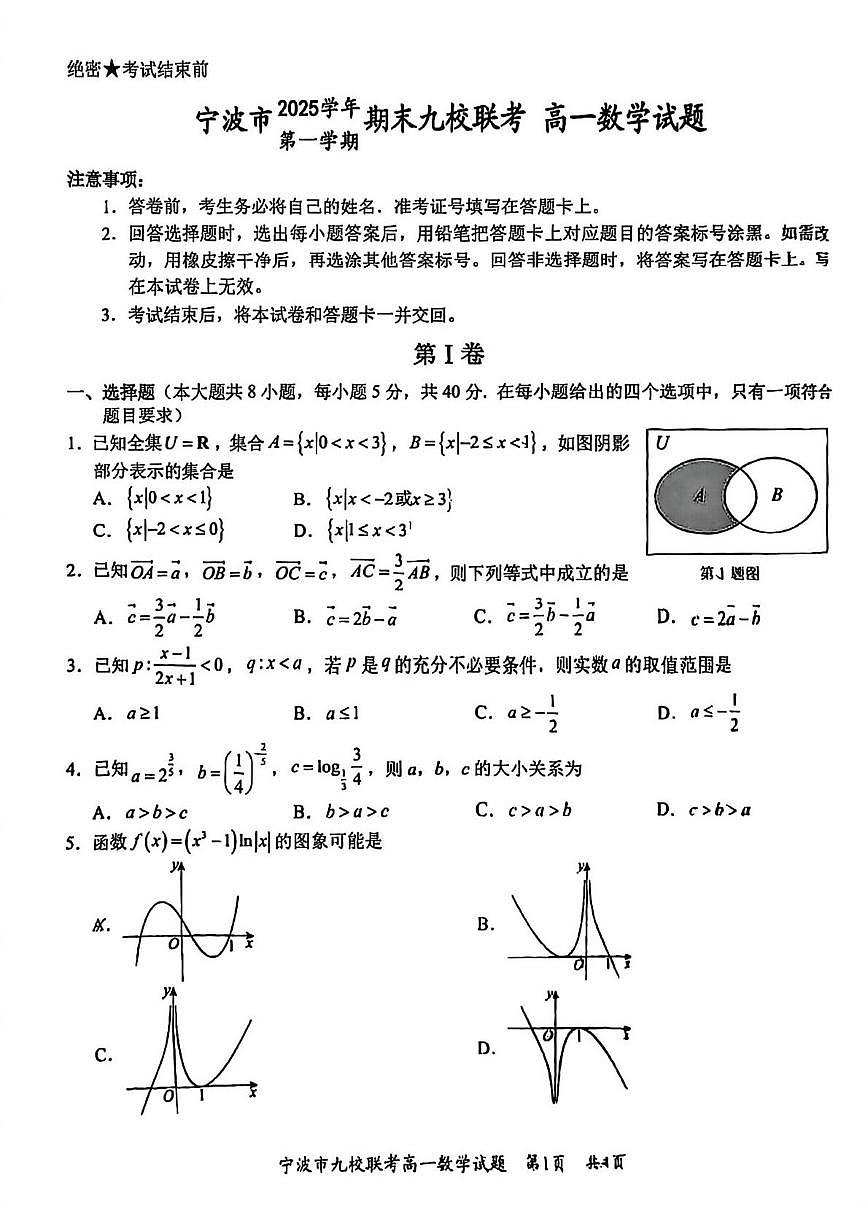 2025-2026学年宁波九校高一上学期期末数学试题第1页