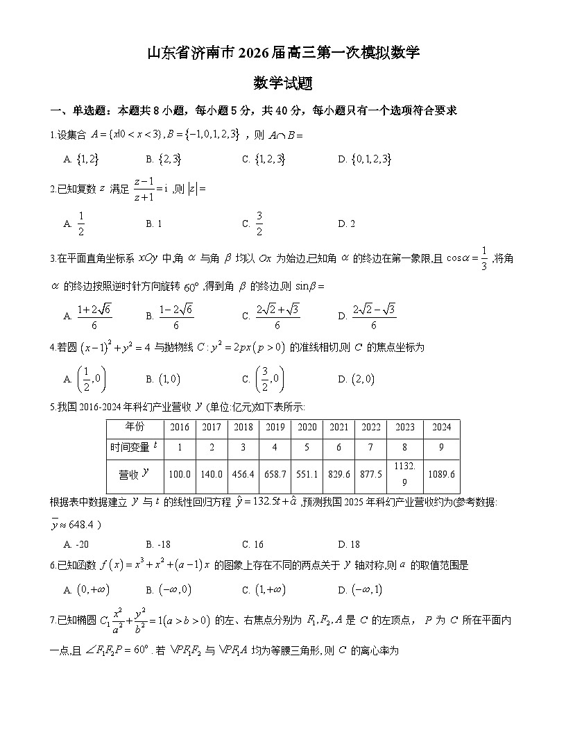 山东省济南市2026届高三第一次模拟数学试题第1页