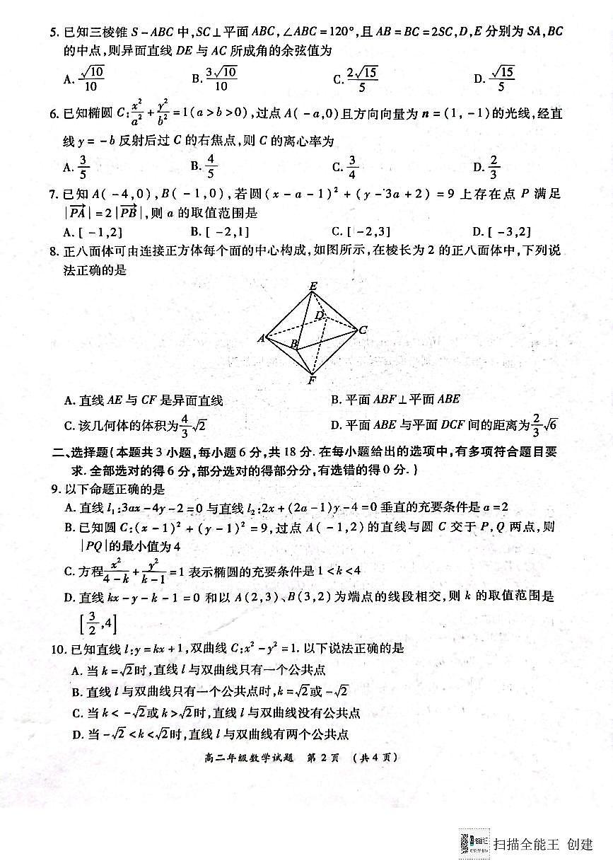 河南省南阳市六校2024-2025学年高二上学期第二次联考（12月）数学试题第2页