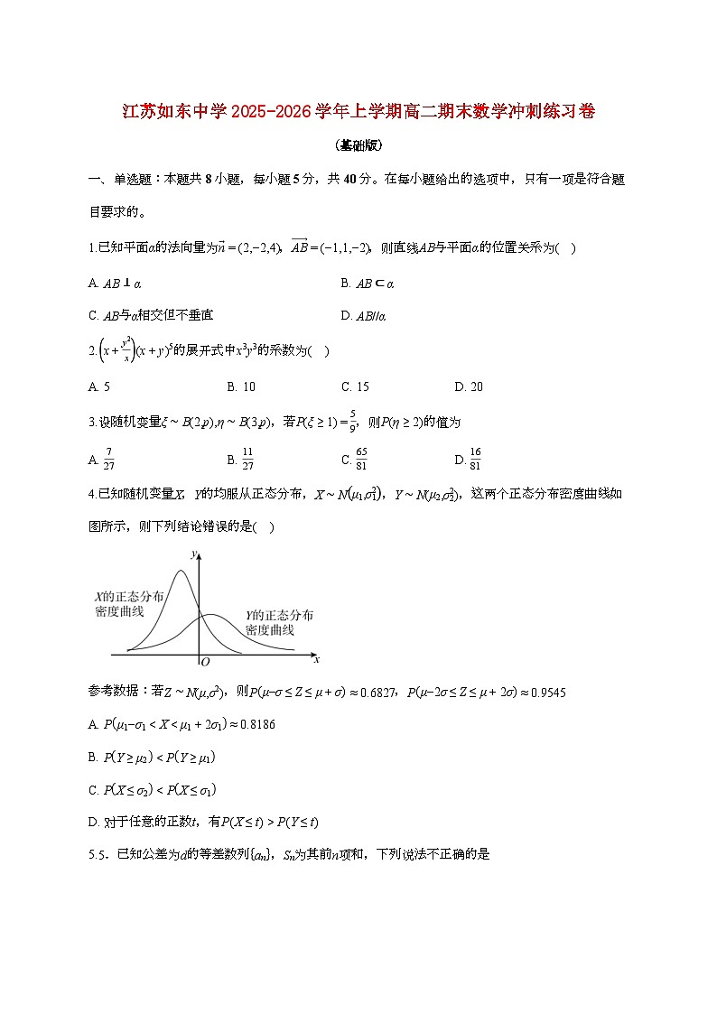 江苏南通市如东中学2025_2026学年上册高二期末数学冲刺练习卷（基础版）【附答案】第1页