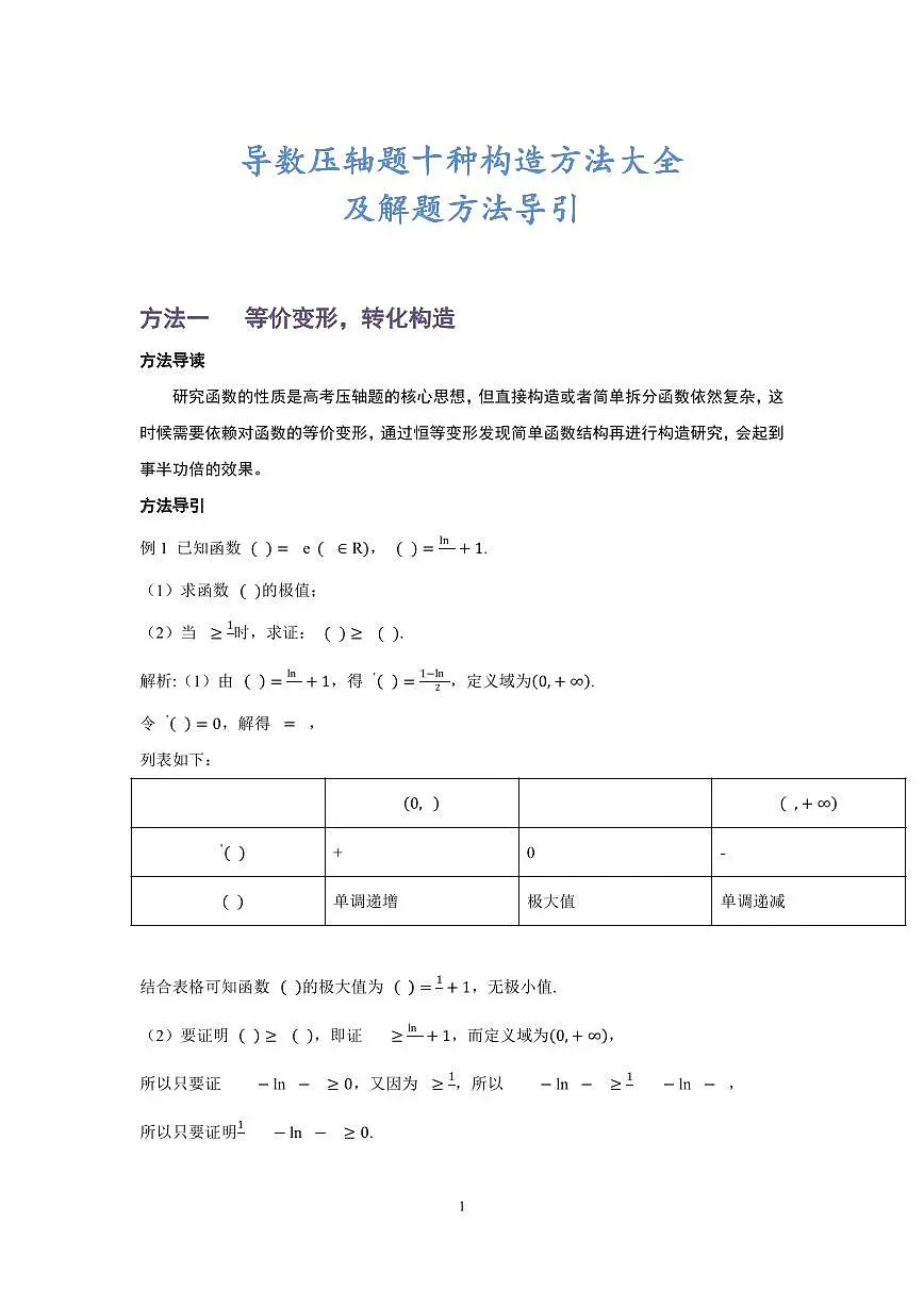 高考数学导数压轴题十种构造方法大全以及解题方法导引知识清单（共34页）第1页