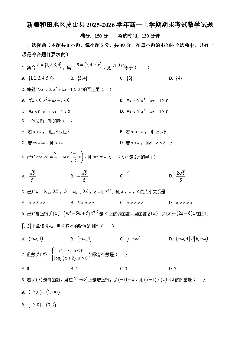 新疆和田地区皮山县2025-2026学年高一上学期期末考试数学试题（原卷+解析）第1页