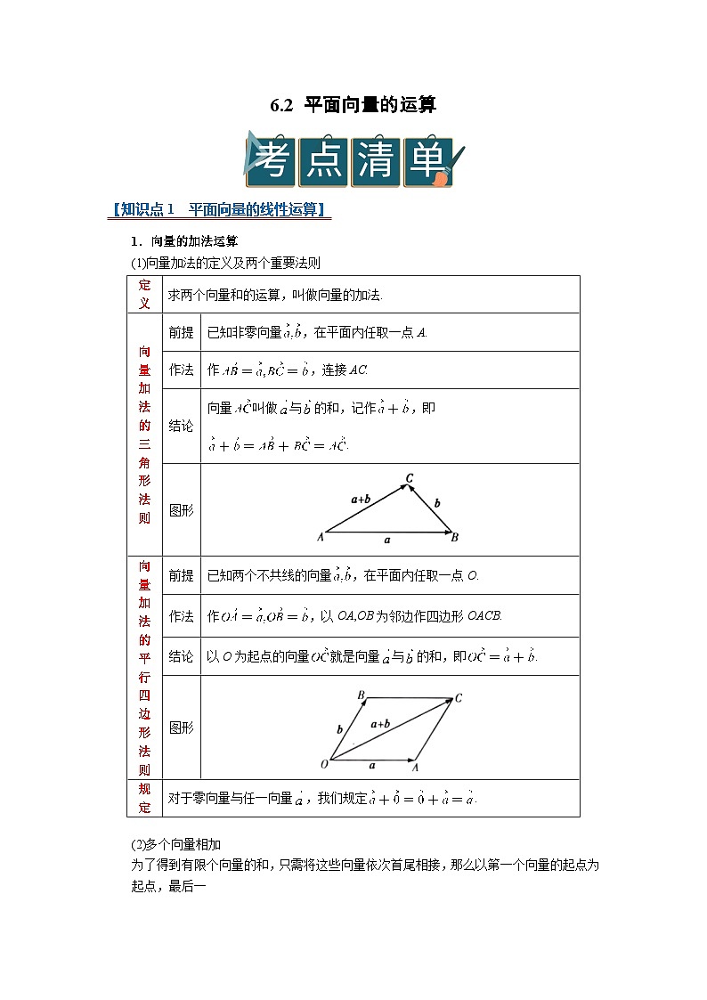 6.2 平面向量的运算2025-2026高中数学必修二高一下同步复习讲义（解析版）第1页