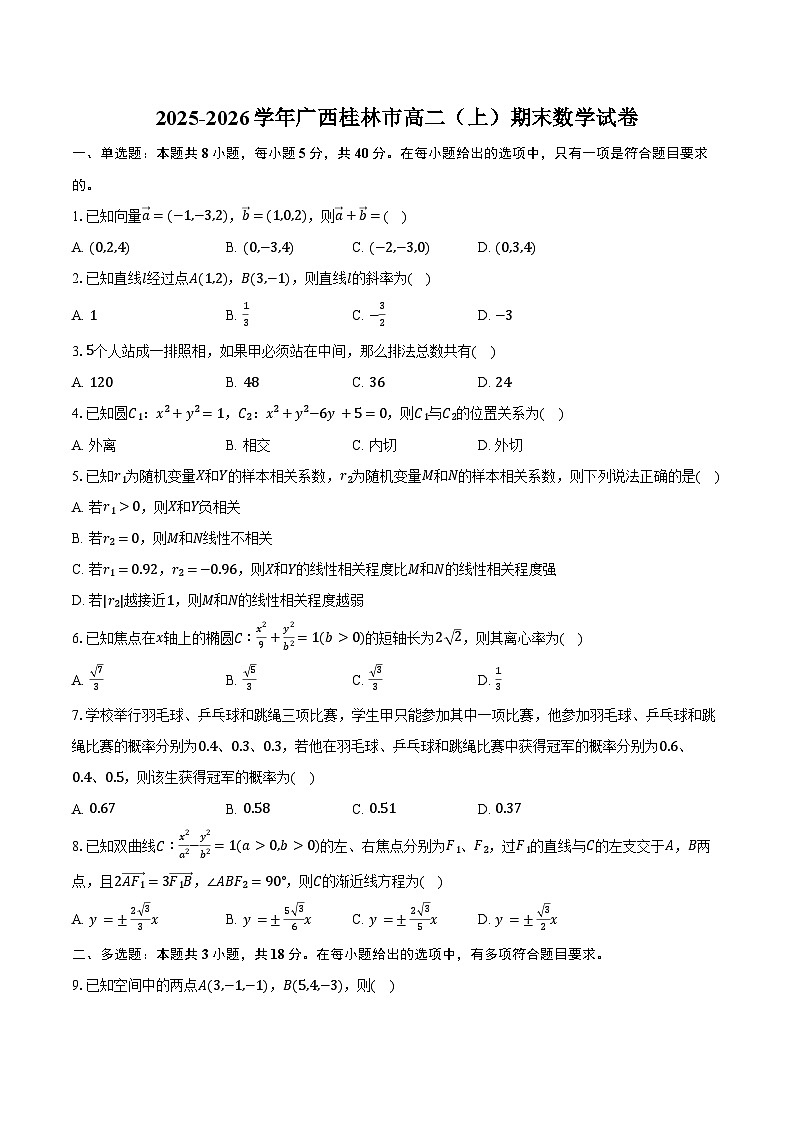 2025-2026学年广西桂林市高二（上）期末数学试卷（含答案）第1页