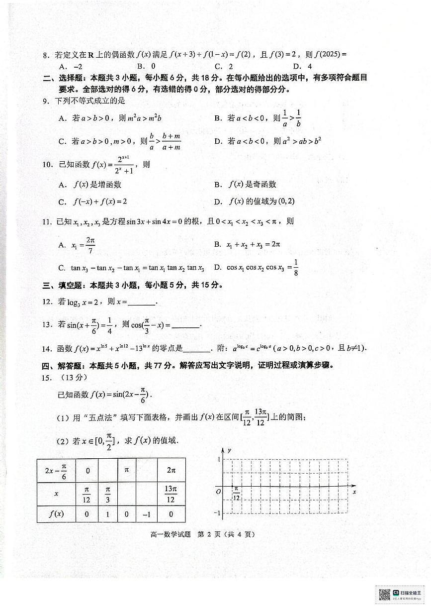 福建晋江市松熹中学2025-2026学年第一学期高一期末考数学试卷第2页