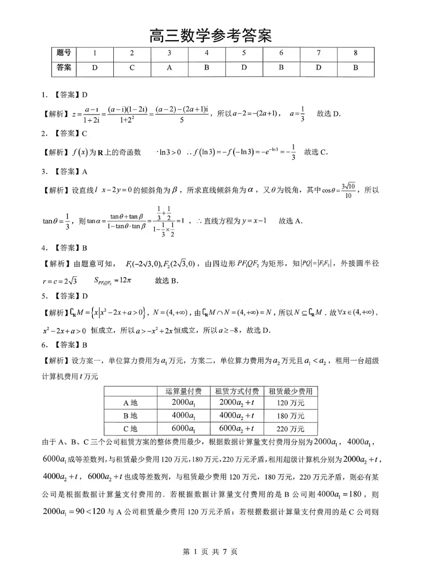 高三数学参考答案第1页