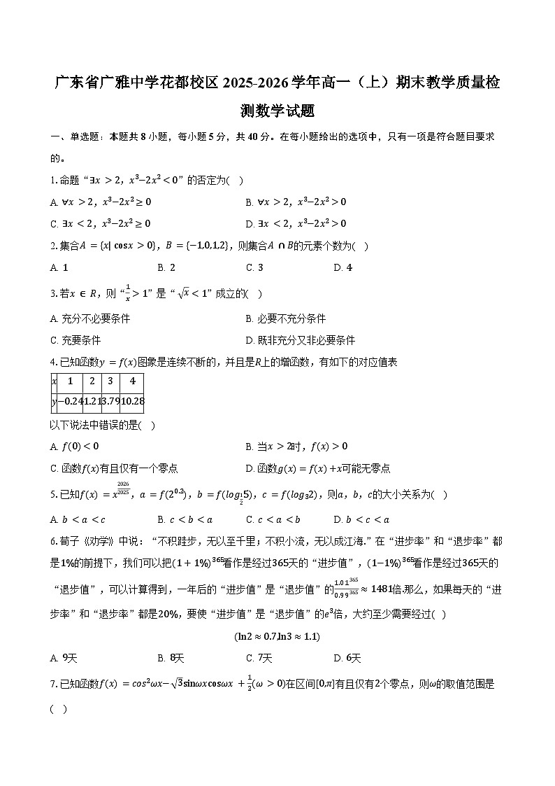 广东省广雅中学花都校区2025-2026学年高一（上）期末教学质量检测数学试卷（含答案）第1页