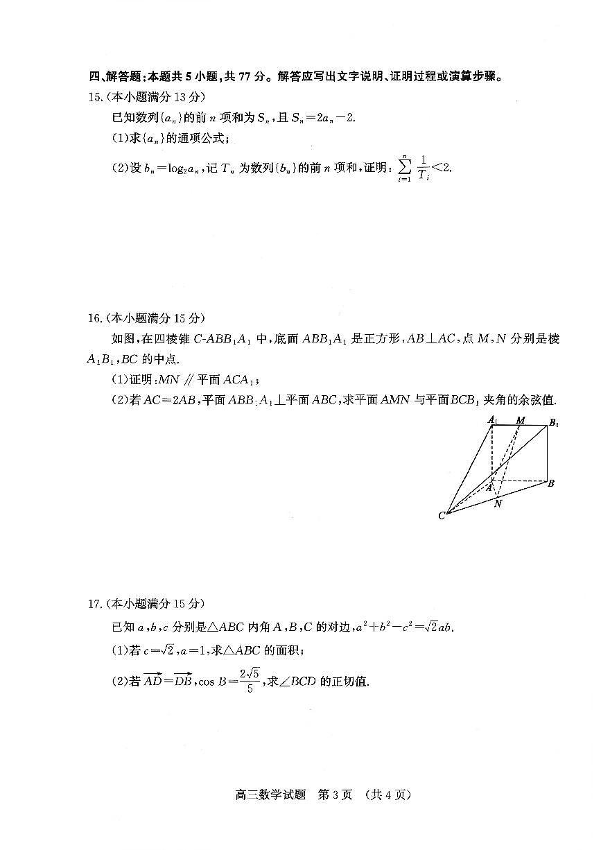 济南市2026届高三第一次高考模拟考试数学试卷+答案第3页