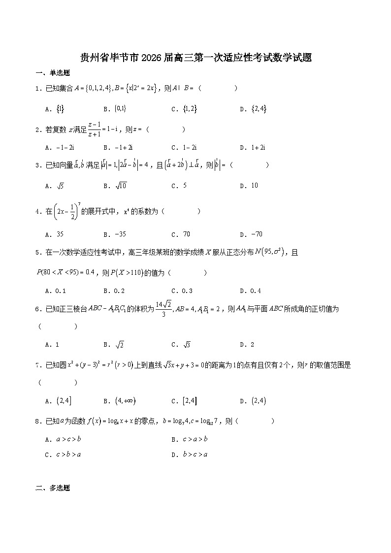 贵州省毕节市2026届高三上学期第一次适应性考试数学试卷（Word版附解析）第1页