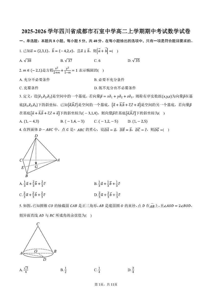 2025-2026学年四川省成都市石室中学高二上学期期中考试数学试卷（含答案）第1页