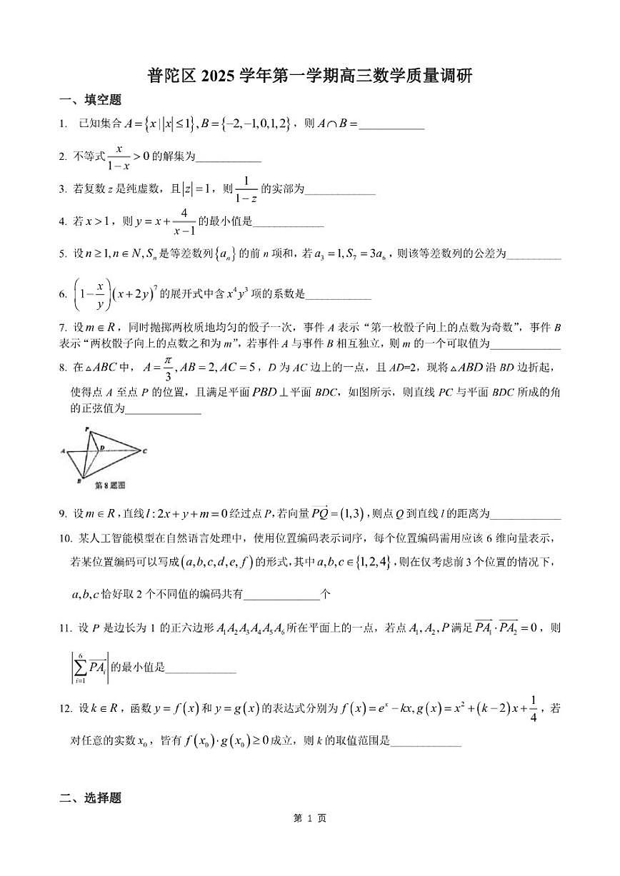 上海市普陀区2025-2026学年第一学期高三数学质量调研（一模）数学试卷_(含答案_)第1页