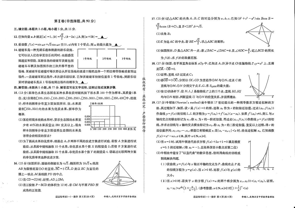 成都石室中学2024-2025学年度高三年级下学期高2025届适应性考试（一) 数学试卷（无答案）第2页
