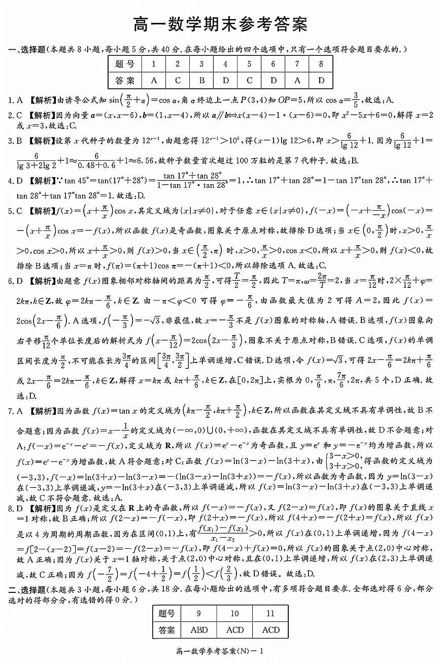 湖南长郡中学2025-2026学年高一上学期期末数学答案第1页