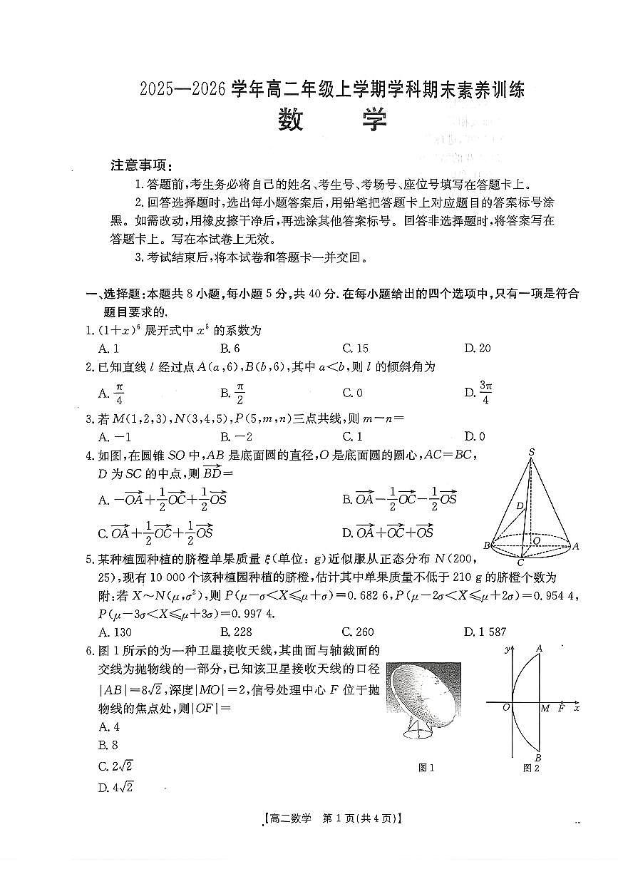 江西省南昌市2025-2026学年高二上学期学科期末素养训练试卷及答案第1页