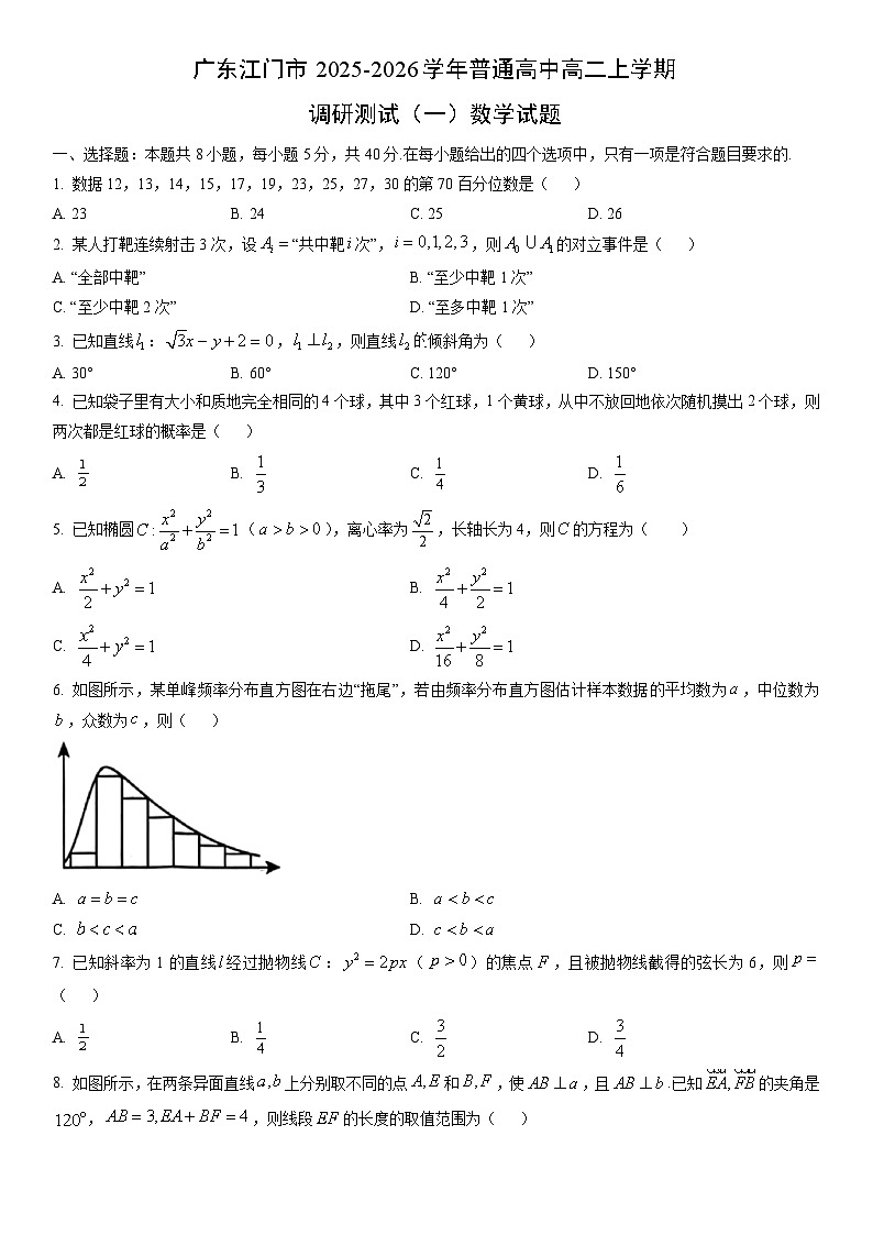 2025-2026学年广东江门市普通高中高二上学期期末调研测试（一）数学试卷（学生版）第1页