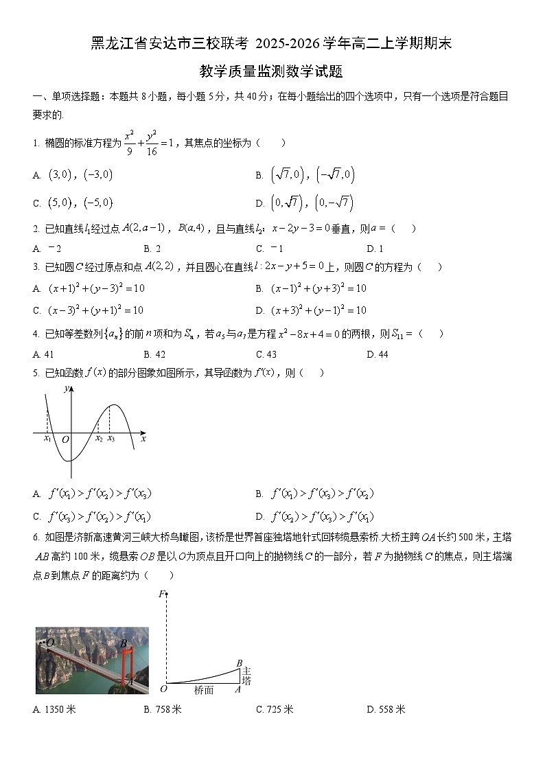 2025-2026学年黑龙江省安达市三校联考高二上学期期末教学质量监测数学试卷（学生版）第1页