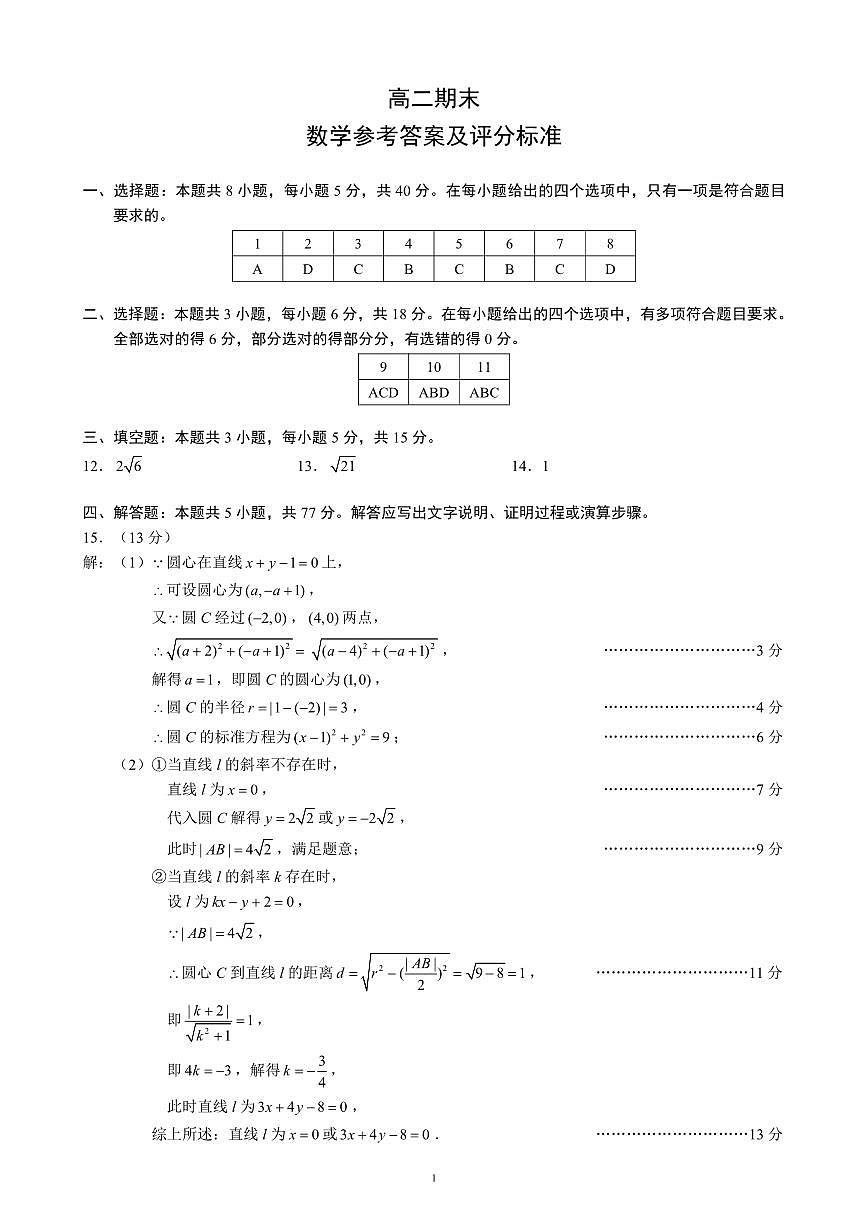 四川省蓉城名校联盟2027届高二上学期期末考试数学答案第1页
