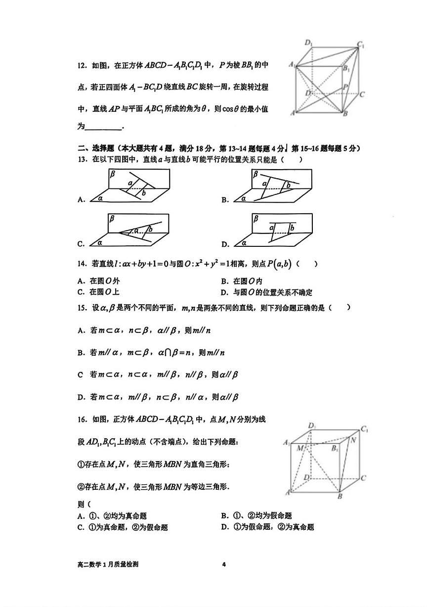 2025-2026学年上海市华东师范大学第二附属中学高二上学期1月质量检测数学（含答案）试卷第2页
