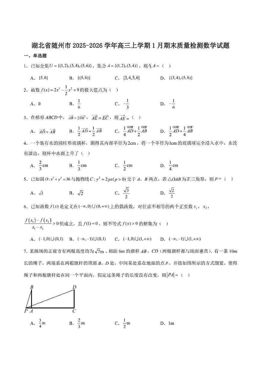 湖北省随州市2026届高三上学期1月期末质量检测数学（含解析）试卷第1页
