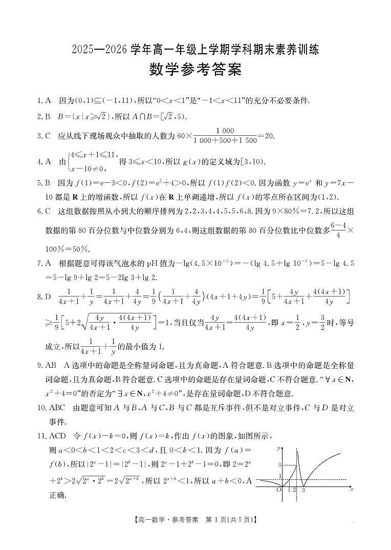 金太阳·江西省2025一2026学年高一年级上学期学科期末素养训练 数学答案第1页
