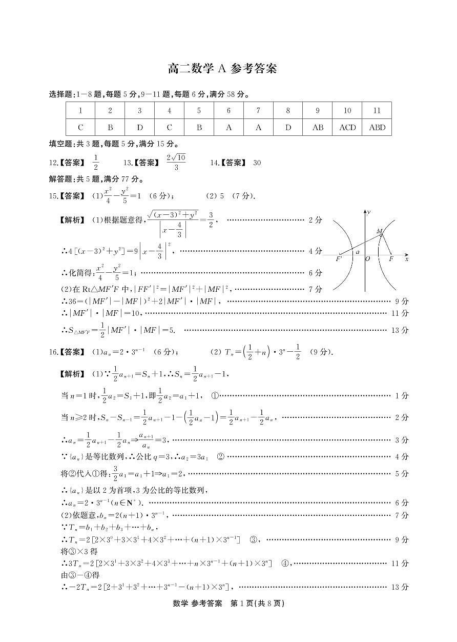 高二期末数学A卷 答案第1页
