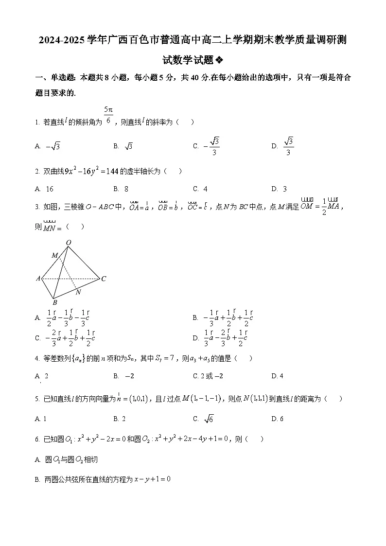 广西百色市普通高中2024-2025学年高二上学期期末教学质量调研测试数学试题 Word版无答案第1页