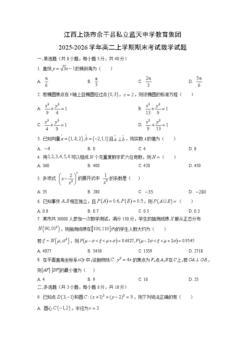 【数学】江西上饶市余干县私立蓝天中学教育集团2025-2026学年高二上学期期末考试试题（学生版）第1页