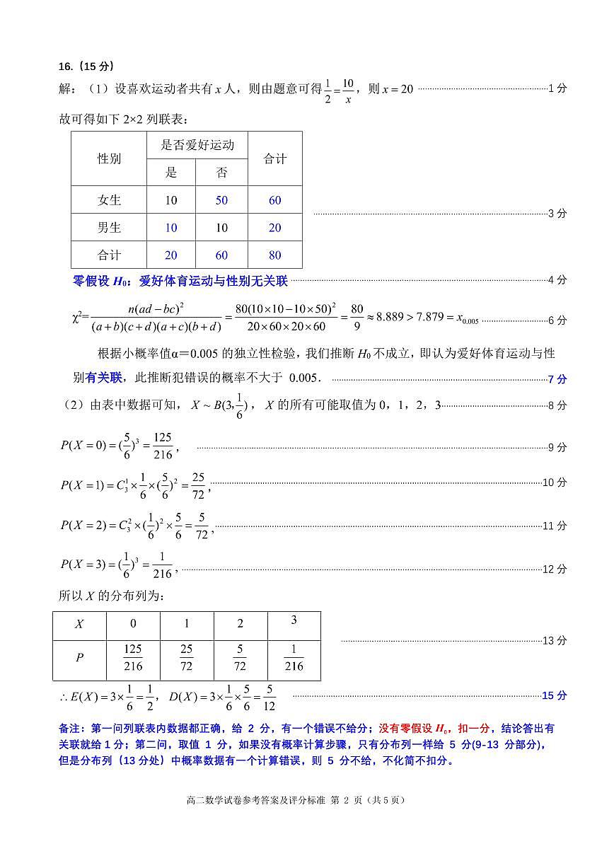 高二数学试卷参考答案及评分标准（2024.07.10）第2页