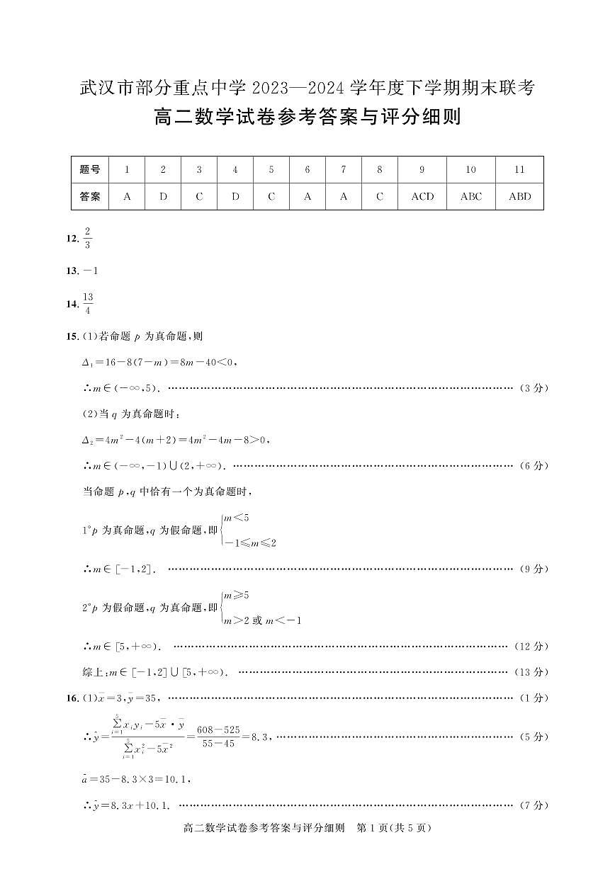 高二测评卷-数学答案第1页