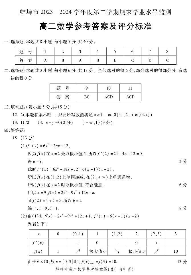 K蚌高二数学-答案第1页