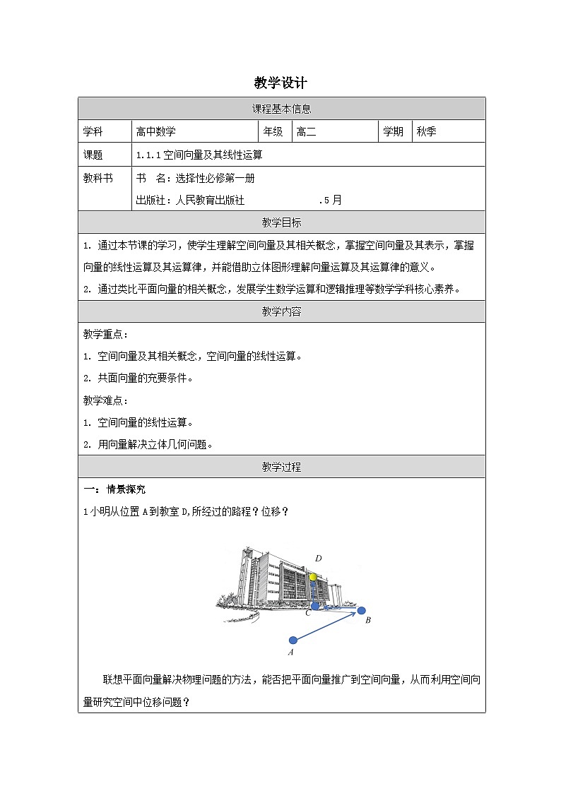 人教版 高中数学 选修第一册1.1 空间向量及其运算 表格式教案第1页