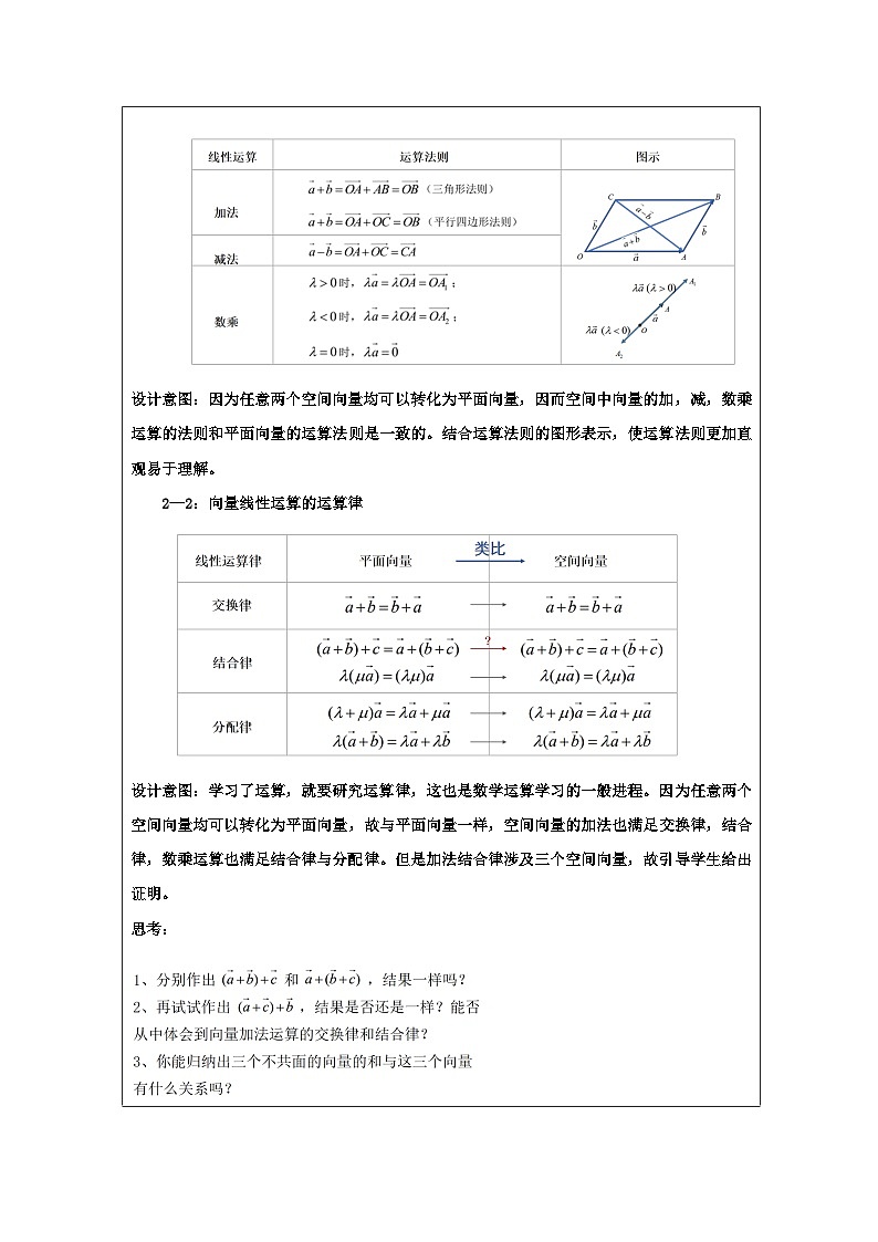 人教版 高中数学 选修第一册1.1 空间向量及其运算 表格式教案第3页