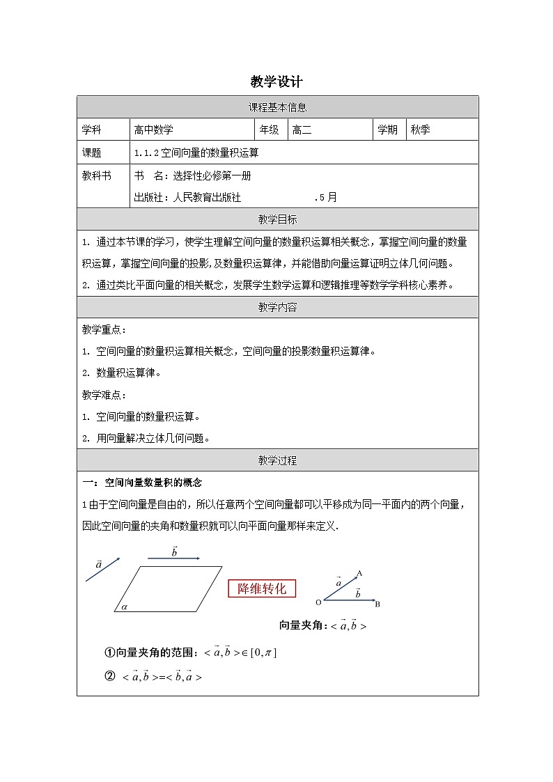 人教版 高中数学 选修第一册1.1 空间向量及其运算》 表格式教案第1页