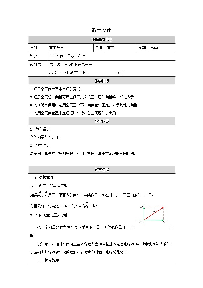 人教版 高中数学 选修第一册1.2 空间向量基本定理 表格式教案第1页