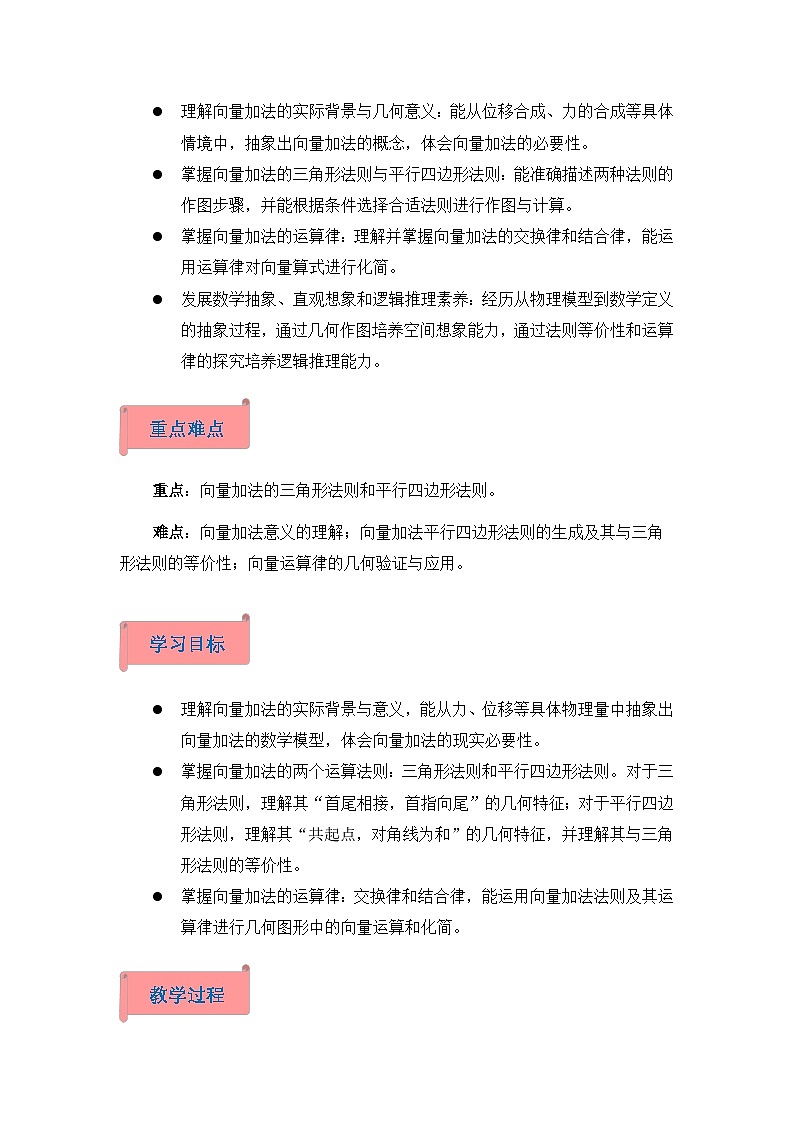 2026年高中数学人教A版必修二第六章6.2.1平面向量的加法运算-教学设计第2页