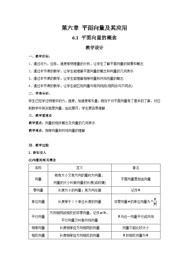 6.1平面向量的概念 (教学设计) 高一数学人教A版（2019）必修 第二册第1页