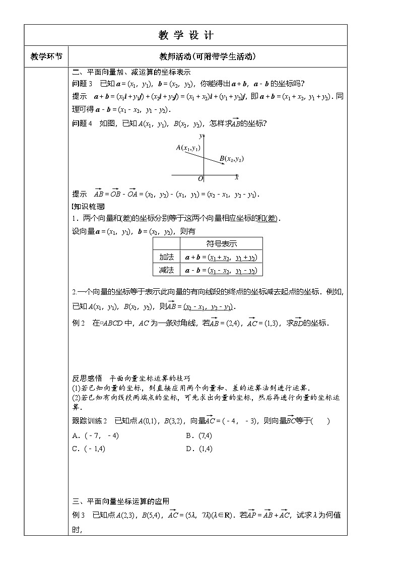 6.3.3平面向量加、减运算的坐标表示（教学设计）高一数学人教A版（2019）必修 第二册第2页