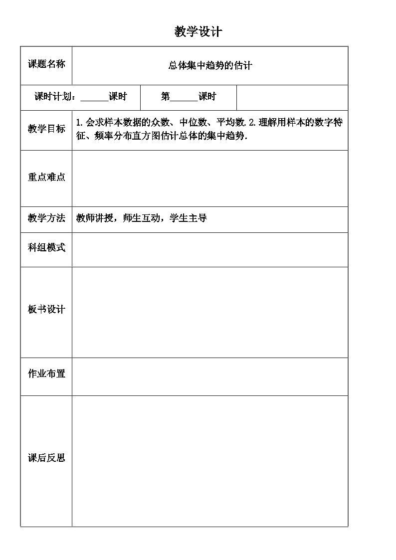 9.2.3总体集中趋势的估计（教学设计）高一数学人教A版（2019）必修 第二册第1页