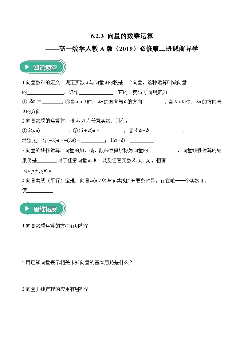 6.2.3 向量的数乘运算——高一数学人教A版（2019）必修 第二册  课前导学  学案第1页