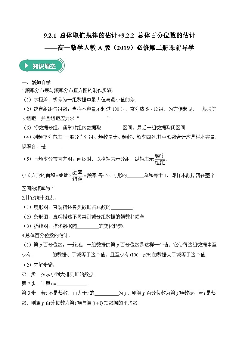 9.2.1 总体取值规律的估计+9.2.2 总体百分位数的估计——高一数学人教A版（2019）必修 第二册  课前导学 学案第1页