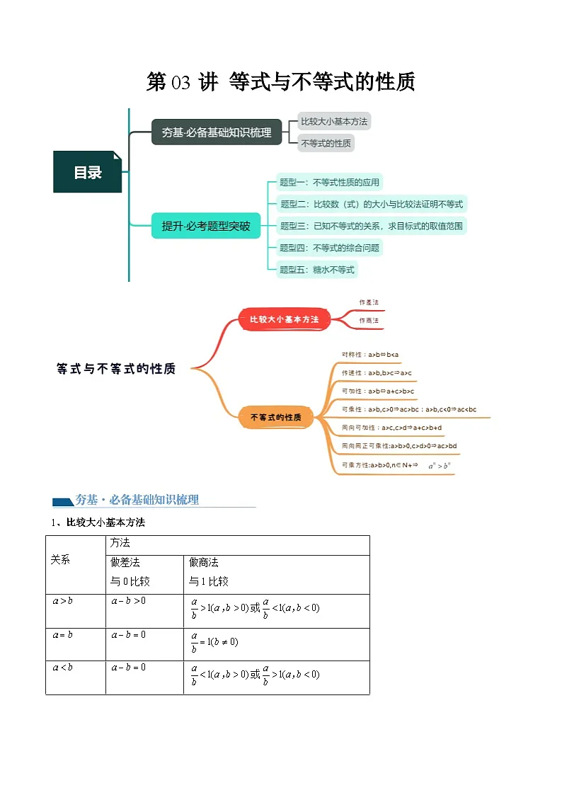 （辅导班）2027年高考数学一轮复习精讲精练 第1章 第03讲 等式与不等式的性质 讲义+随堂检测（原卷版）第1页