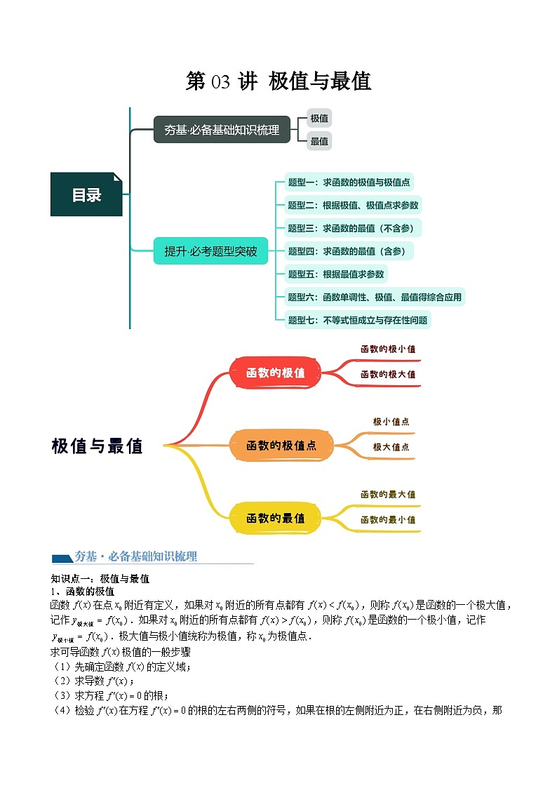 （辅导班）2027年高考数学一轮复习精讲精练 第5章 第03讲 导数与函数的极值与最值 讲义+随堂检测（原卷版）第1页