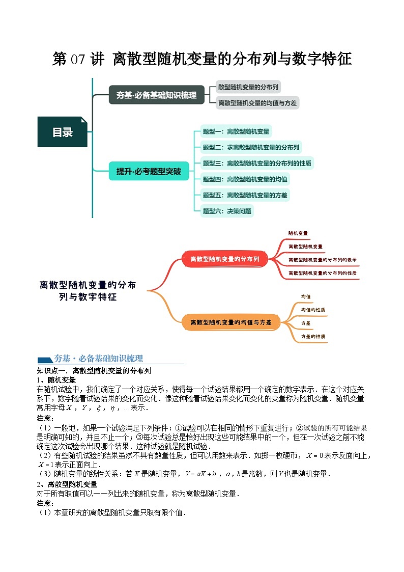 （辅导班）2027年高考数学一轮复习精讲精练 第10章 第07讲 离散型随机变量的分布列与数字特征 讲义+随堂检测（教师版）第1页