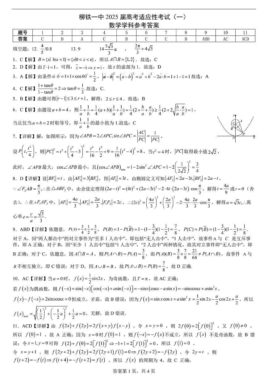 柳铁一中2025届高考适应性训练数学答案第1页