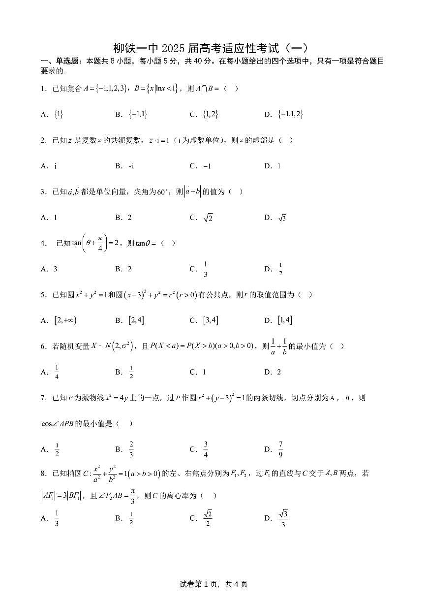 柳铁一中2025届高考适应性训练数学试卷第1页