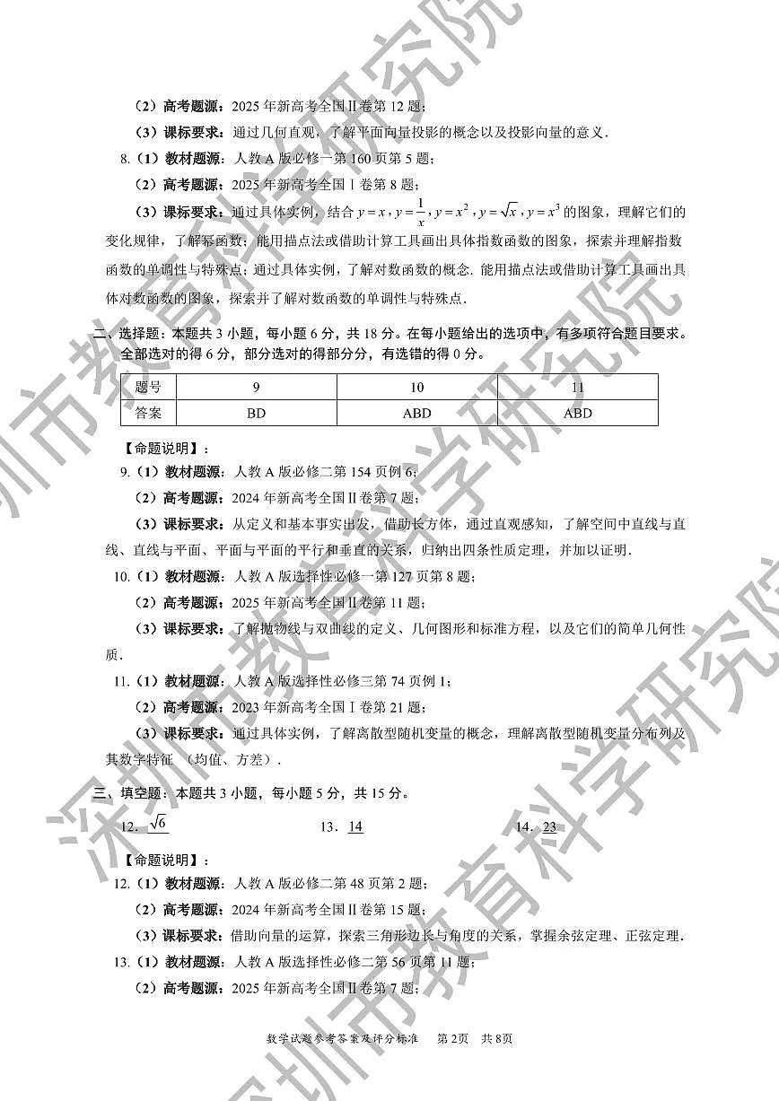 2026年深圳市高三年级第一次调研考试数学参考答案第2页